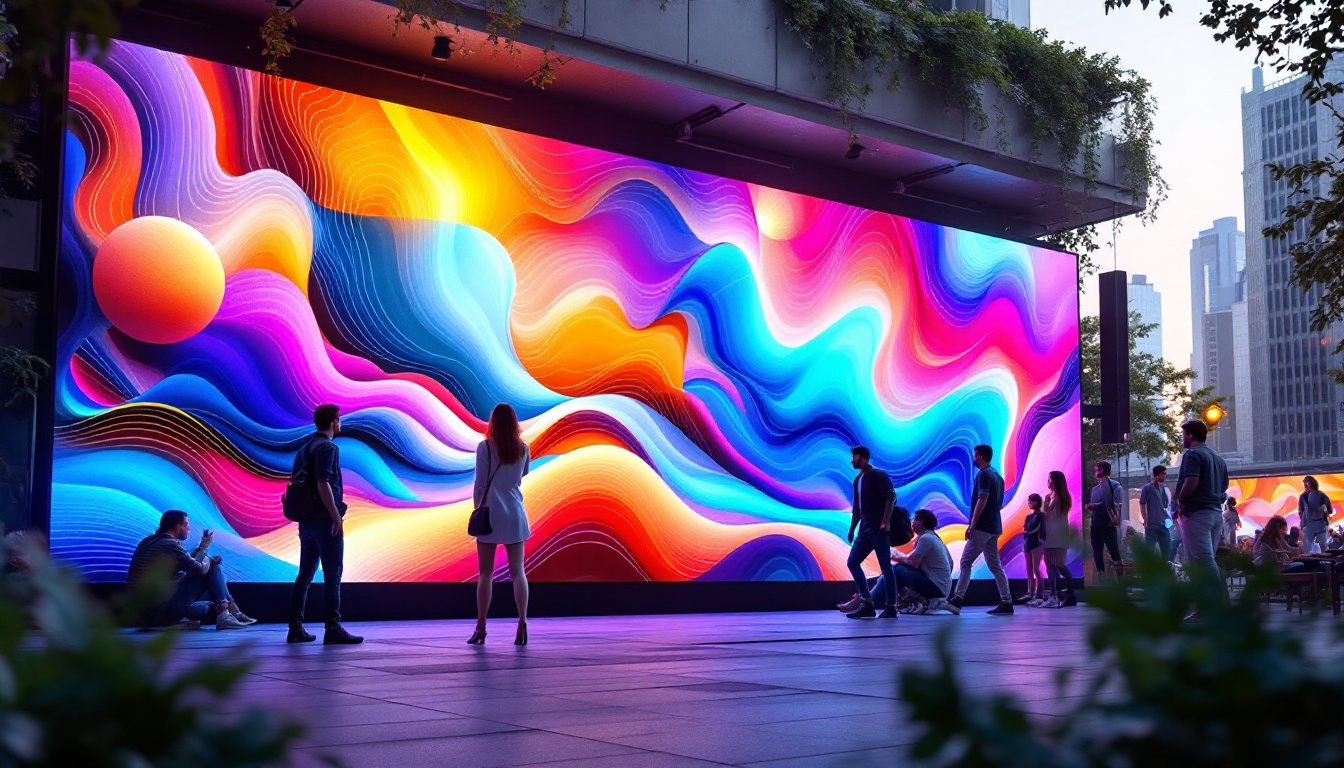 A photograph of a vibrant outdoor setting featuring a large led screen wall displaying dynamic visuals
