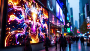 A photograph of a vibrant digital led display in an urban setting