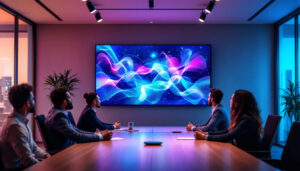 A photograph of a modern conference room featuring a large led video wall displaying vibrant visuals