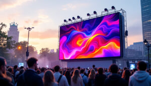 A photograph of a vibrant tv jumbotron in an outdoor setting