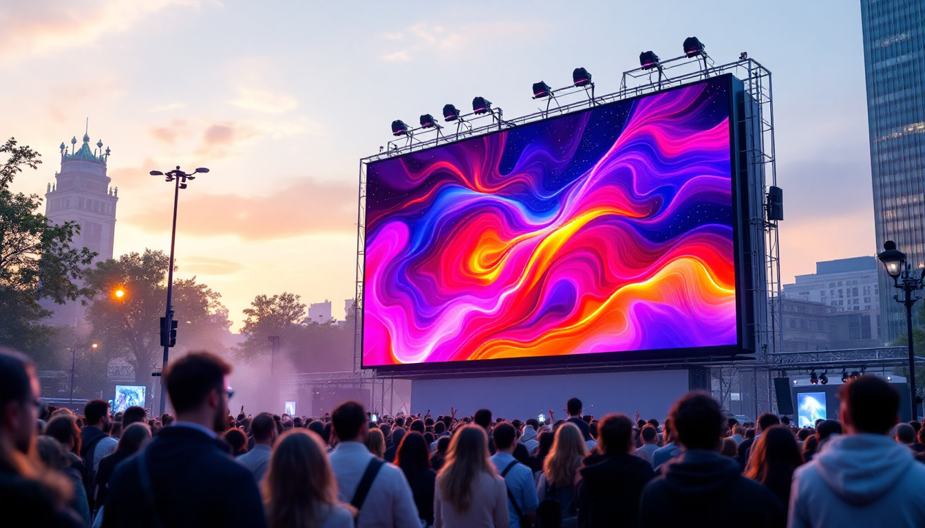 A photograph of a vibrant tv jumbotron in an outdoor setting
