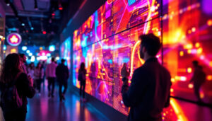 A photograph of a vibrant led wall display in an engaging environment