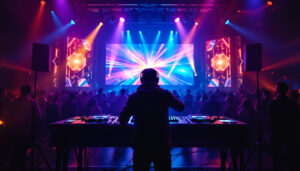 A photograph of a vibrant dj setup featuring a large led screen displaying dynamic visuals