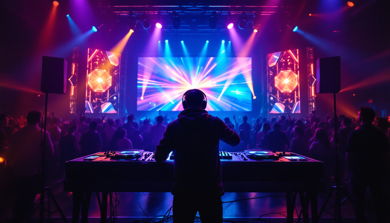 A photograph of a vibrant dj setup featuring a large led screen displaying dynamic visuals