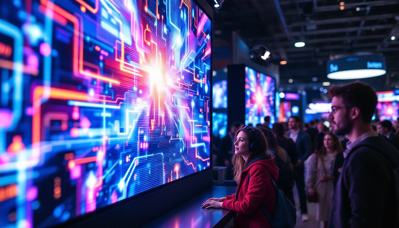 A photograph of a vibrant convention booth featuring an eye-catching led display in action