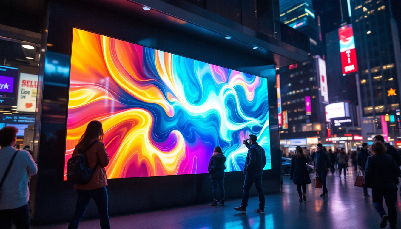 A photograph of a vibrant led video signage display in a bustling urban setting