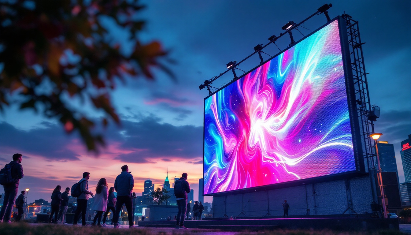 A photograph of a vibrant outdoor scene featuring a large led display in use