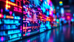 A photograph of a vibrant led panel display in a dynamic setting