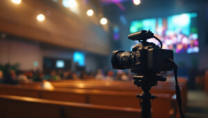 A photograph of capture a photograph of a well-lit church interior featuring a wall-mounted video camera in action