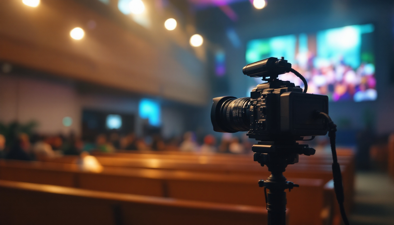 A photograph of capture a photograph of a well-lit church interior featuring a wall-mounted video camera in action