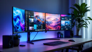 A photograph of a sleek multi-monitor stand setup featuring vibrant led displays