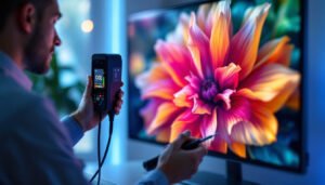 A photograph of a professional calibrator using a colorimeter on a sleek led display