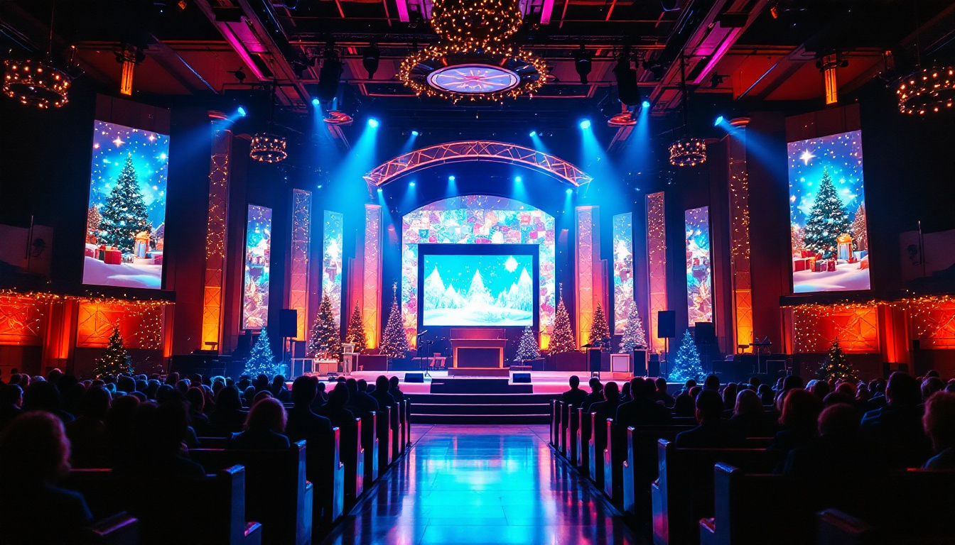 A photograph of a beautifully decorated church stage during a christmas service