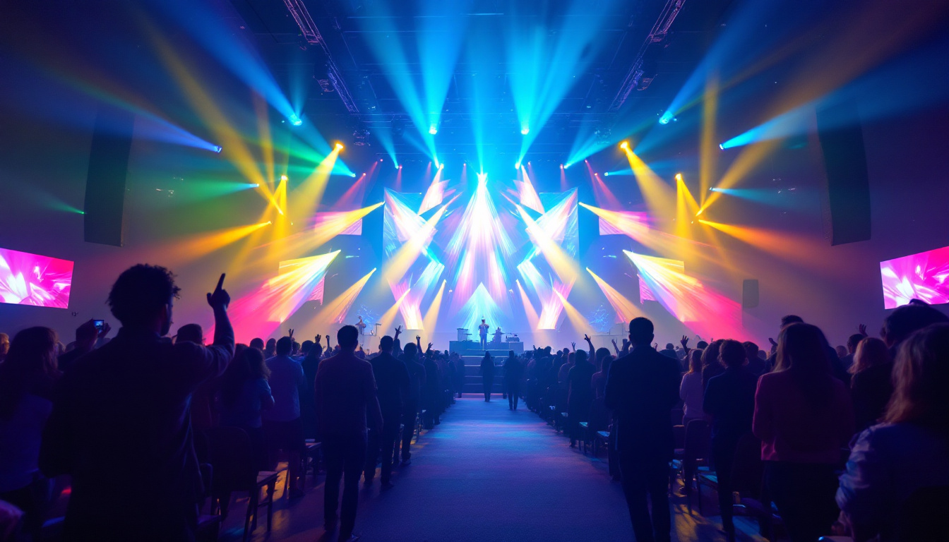 A photograph of a vibrant church service featuring a dynamic led display backdrop