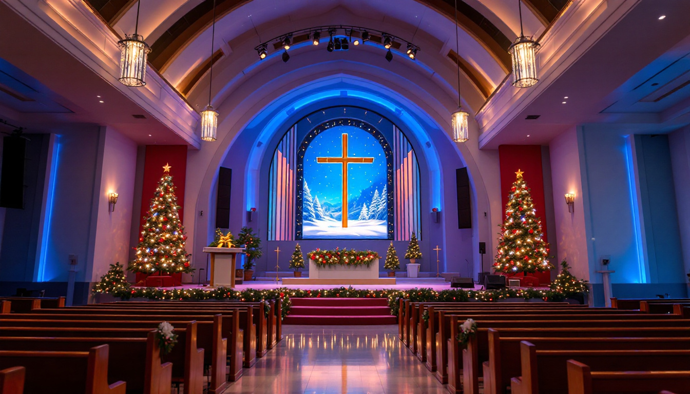 A photograph of a beautifully designed church stage adorned with festive christmas decorations