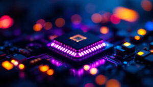 A photograph of a close-up shot of a vibrant smd led chip illuminated in a dark setting