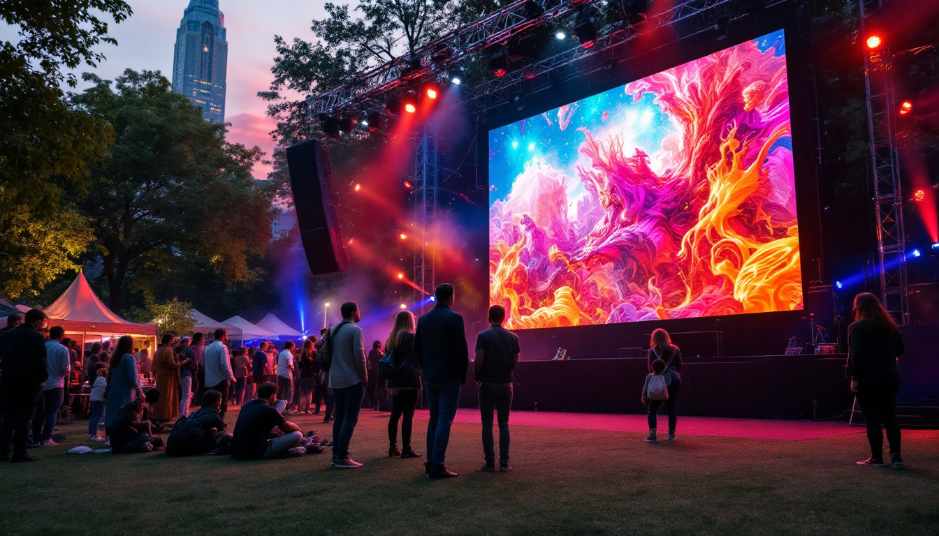 A photograph of a vibrant led screen setup at an outdoor event