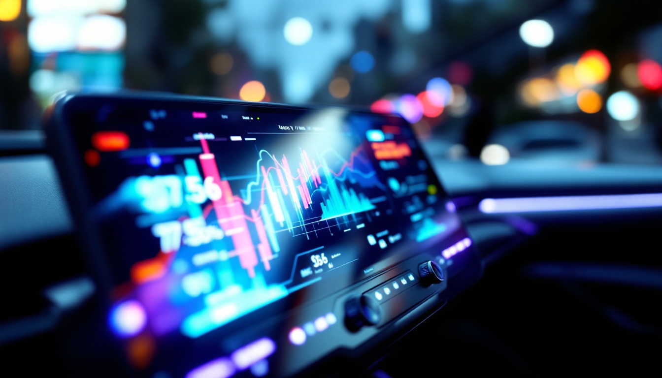 A photograph of a vibrant led car screen displaying dynamic graphics or information