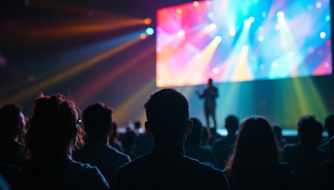 A photograph of capture a photograph of a vibrant led display backdrop during a church service
