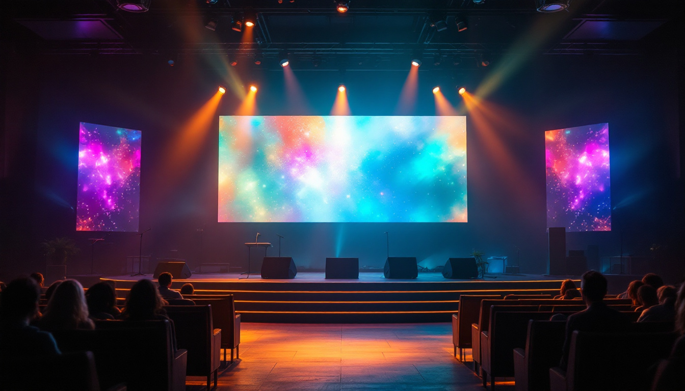 A photograph of a small church stage featuring a vibrant led display