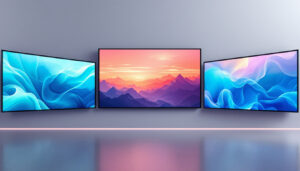 A photograph of a visually striking video wall featuring two portrait-oriented led displays flanking one landscape-oriented display