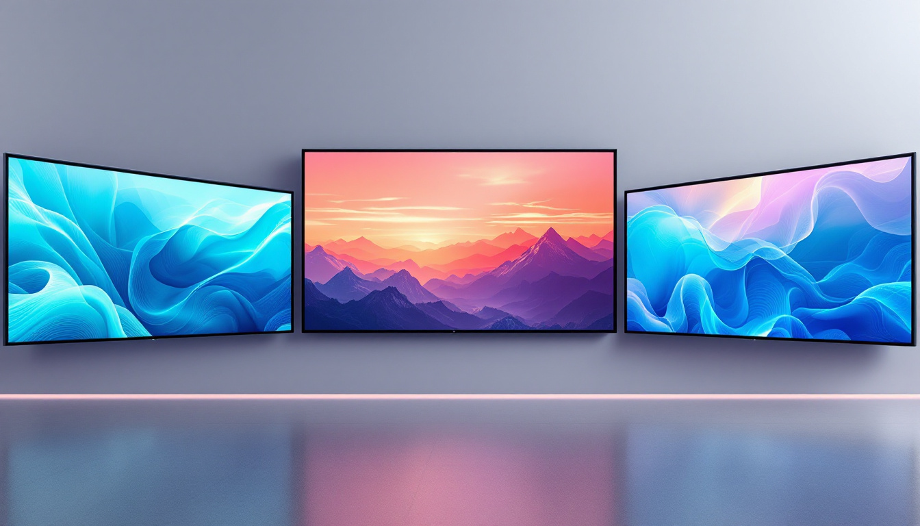 A photograph of a visually striking video wall featuring two portrait-oriented led displays flanking one landscape-oriented display
