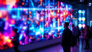 A photograph of a vibrant led monitor wall display in an engaging environment