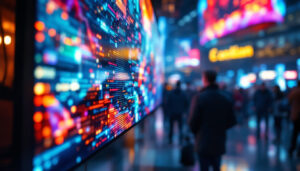 A photograph of a vibrant and dynamic flex led screen in a real-world setting
