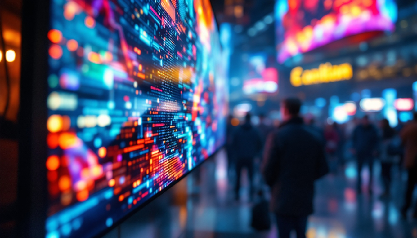 A photograph of a vibrant and dynamic flex led screen in a real-world setting