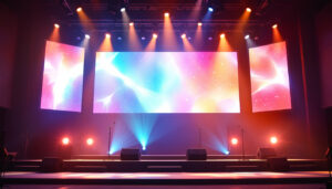 A photograph of a creatively designed church stage backdrop featuring an led display
