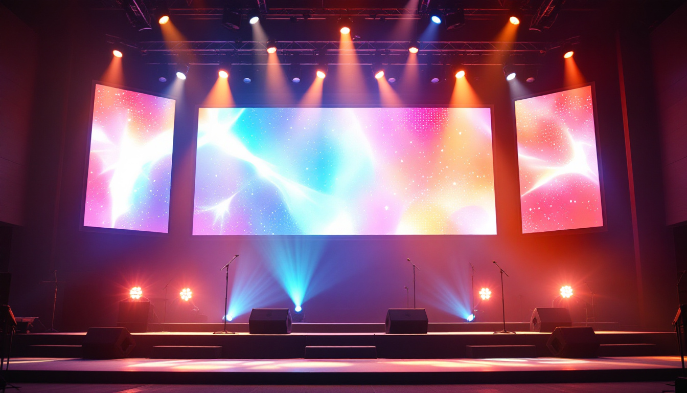 A photograph of a creatively designed church stage backdrop featuring an led display