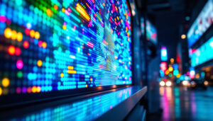 A photograph of a vibrant led display in a dynamic urban setting at night