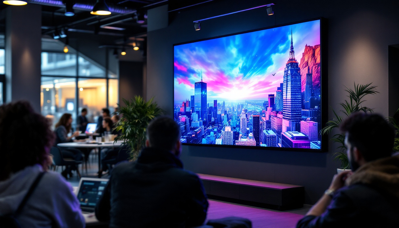 A photograph of capture a photograph of a vibrant 2x2 video wall displaying dynamic content in a modern setting