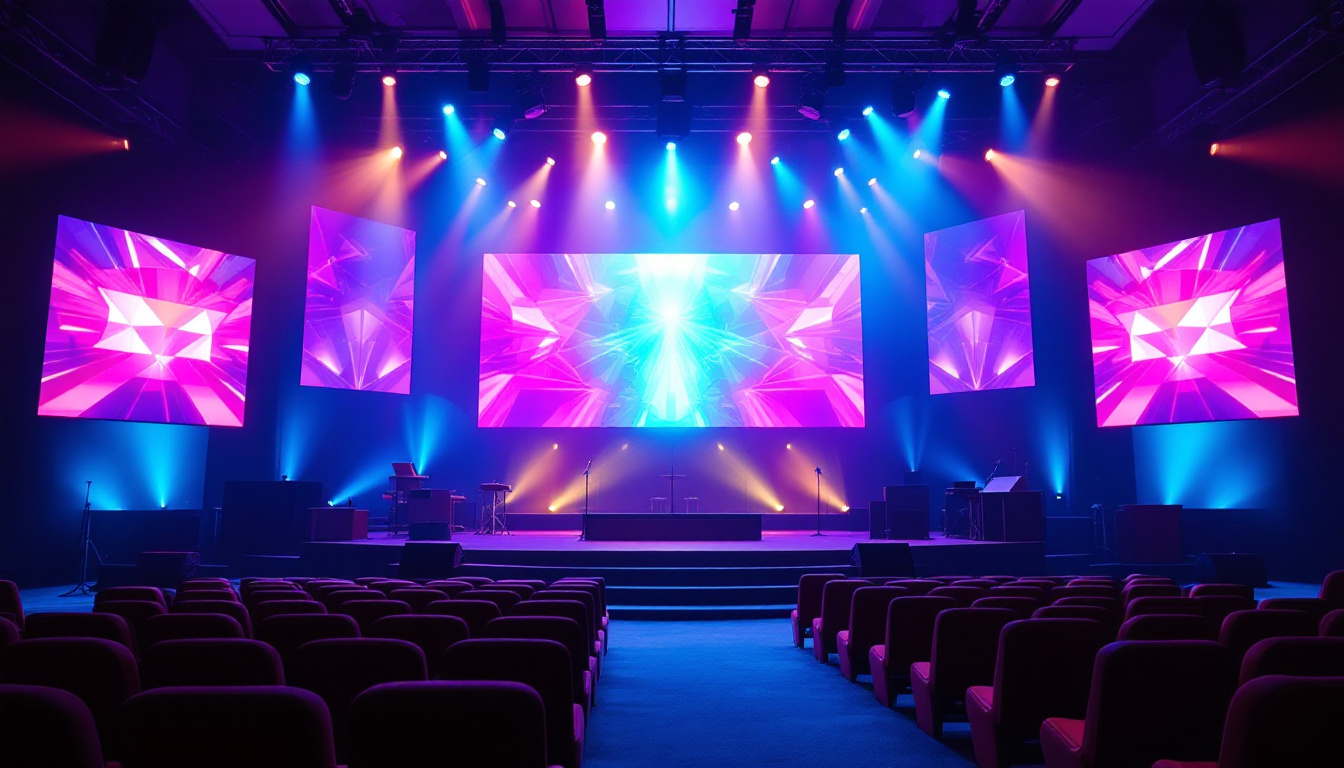A photograph of a vibrant stage setup featuring a modern led display in a church environment