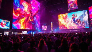 A photograph of a vibrant led screen in a bustling chicago event setting