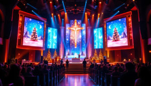 A photograph of a beautifully decorated church stage featuring a vibrant led display