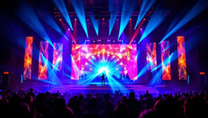 A photograph of a vibrant stage set featuring an impressive led display in action