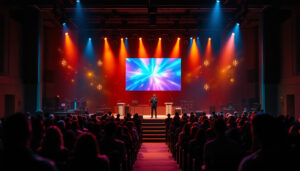 A photograph of a small church stage featuring an led display backdrop in use during a service or event