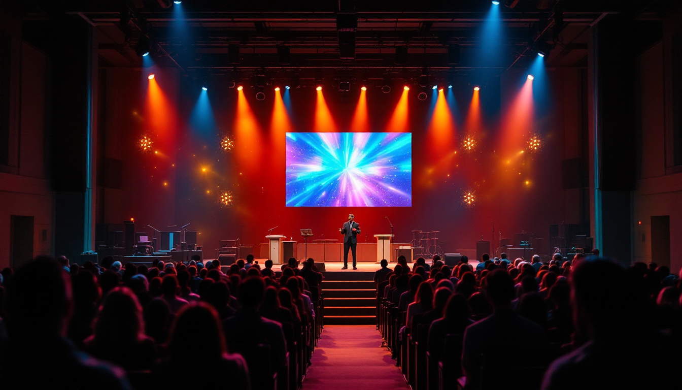 A photograph of a small church stage featuring an led display backdrop in use during a service or event