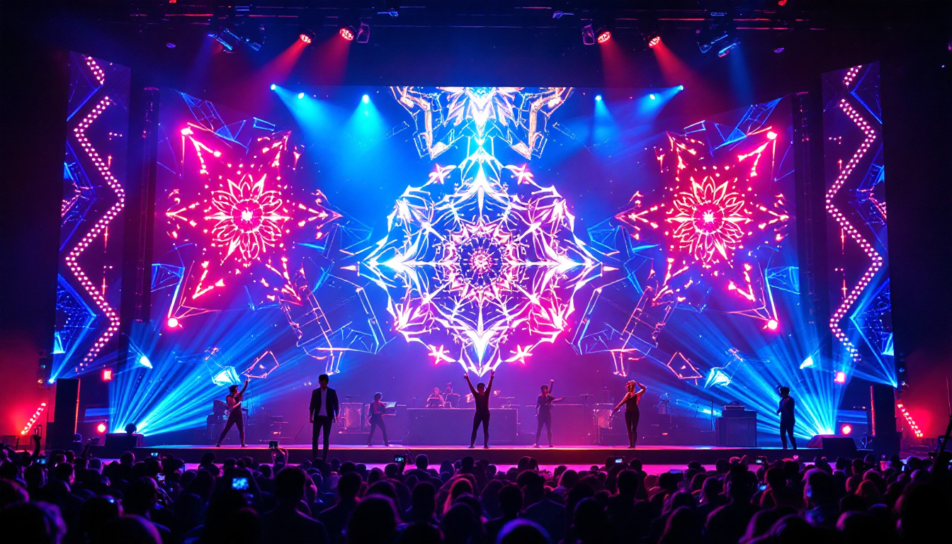 A photograph of a vibrant led display in a theatrical setting