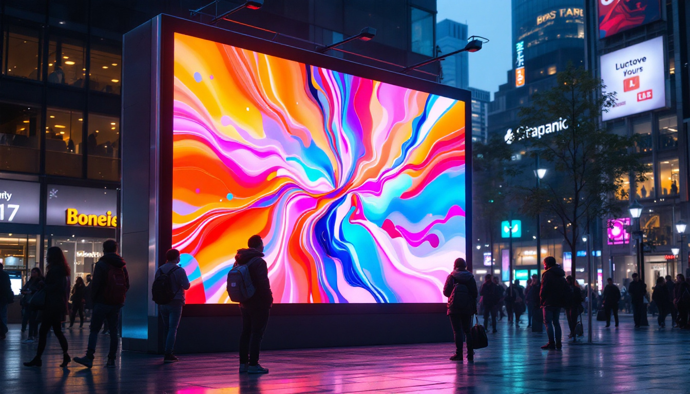 A photograph of a vibrant led poster display in a bustling urban setting