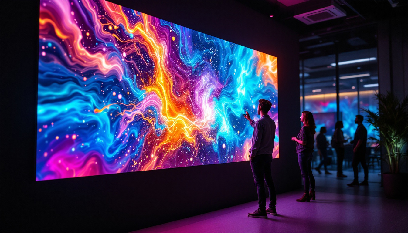 A photograph of a vibrant led display in a business setting
