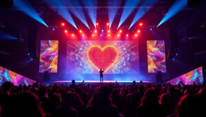 A photograph of a vibrant stage setup featuring an impressive led display in action