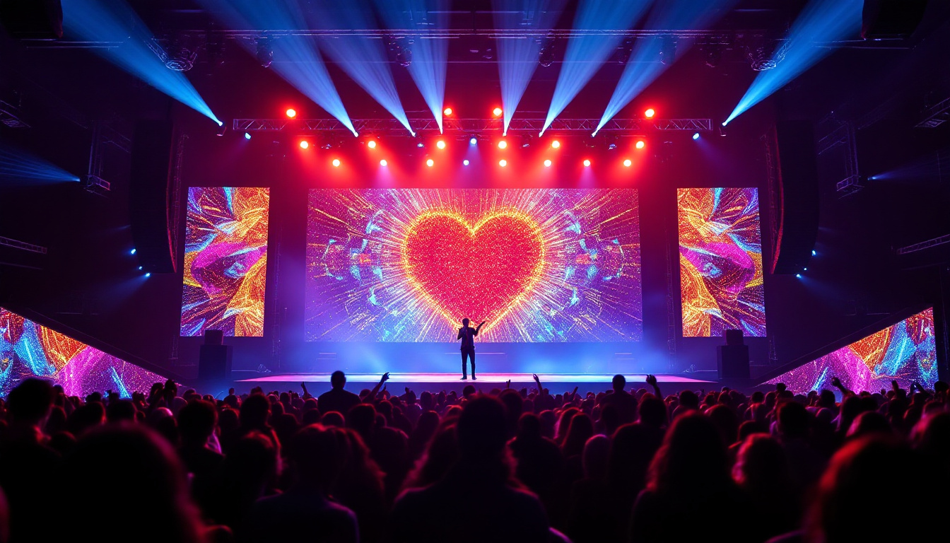A photograph of a vibrant stage setup featuring an impressive led display in action