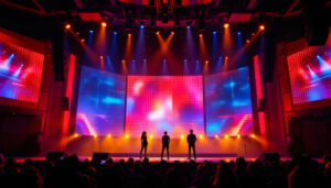 A photograph of a vibrant theater stage illuminated by dynamic led displays