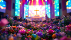 A photograph of a vibrant easter church service scene featuring a beautifully decorated altar with an led display in the background
