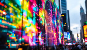 A photograph of a vibrant led display showcasing dynamic colors and patterns in an urban setting