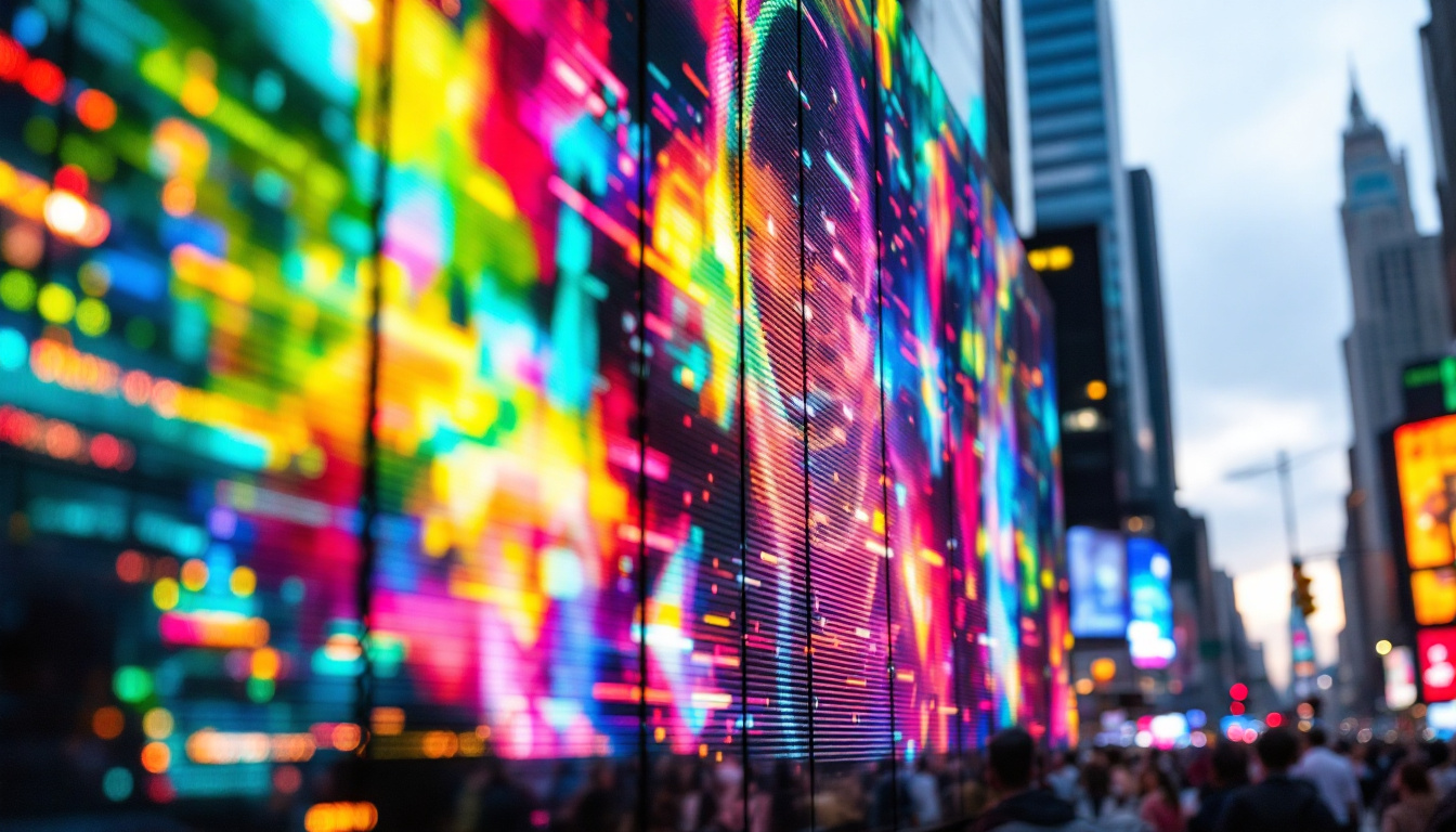 A photograph of a vibrant led display showcasing dynamic colors and patterns in an urban setting