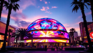 A photograph of capture a photograph of the dome theatre in las vegas featuring its vibrant led display