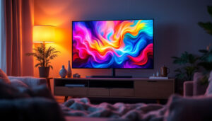 A photograph of a modern led tv displaying vibrant colors in a cozy living room setting